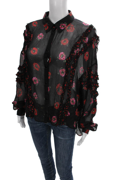 The Kooples Women Black Silk Floral Collared Long Sleeve Basic Blouse Size 2