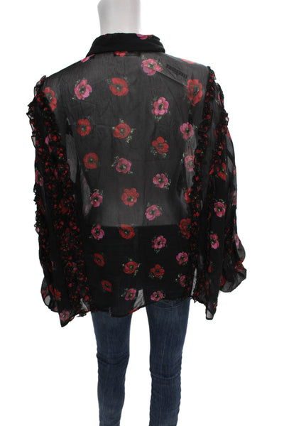 The Kooples Women Black Silk Floral Collared Long Sleeve Basic Blouse Size 2