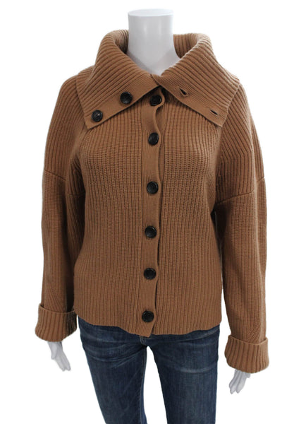 ALC Women Brown Merino Wool Collared Solid Long Sleeve Cardigan Size L