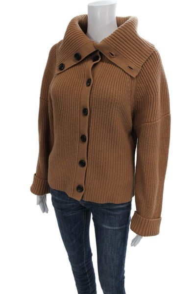ALC Women Brown Merino Wool Collared Solid Long Sleeve Cardigan Size L