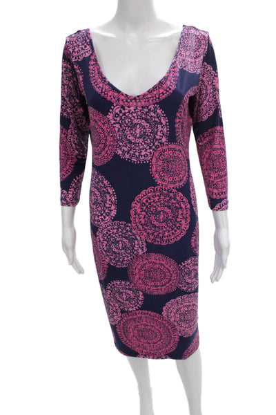 Tori Richard Women Sheath Dress Blue Geometric V-Neck 3/4 Sleeve Midi Size S