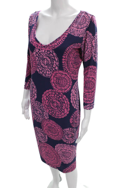Tori Richard Women Sheath Dress Blue Geometric V-Neck 3/4 Sleeve Midi Size S