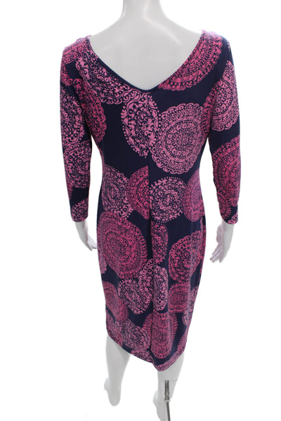 Tori Richard Women Sheath Dress Blue Geometric V-Neck 3/4 Sleeve Midi Size S