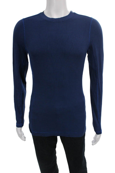 Lululemon Mens Blue Striped Long Sleeve Crew Neck Nylon Blend T-Shirt Size L