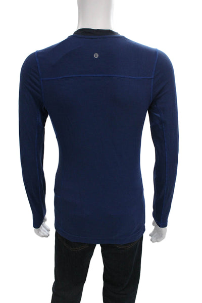 Lululemon Mens Blue Striped Long Sleeve Crew Neck Nylon Blend T-Shirt Size L