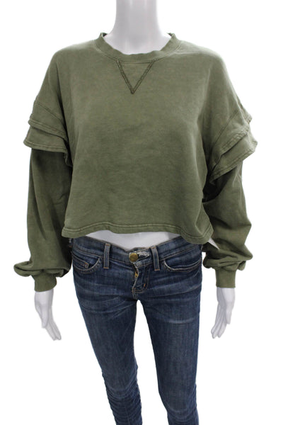 7 For All Mankind Unisex Adults Pullover Green Cotton Blend Crew Neck Size S