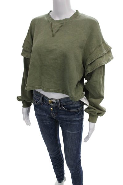 7 For All Mankind Unisex Adults Pullover Green Cotton Blend Crew Neck Size S