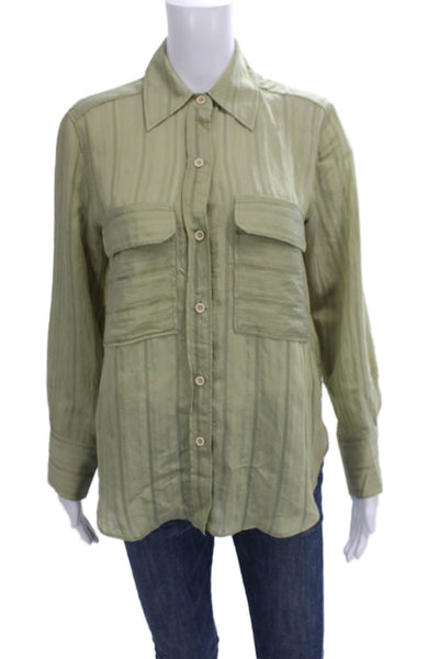 Zara Women Striped Collared Long Sleeve Button-Up Green Size S