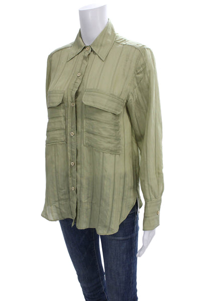 Zara Women Striped Collared Long Sleeve Button-Up Green Size S