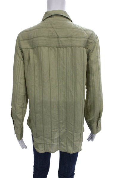 Zara Women Striped Collared Long Sleeve Button-Up Green Size S