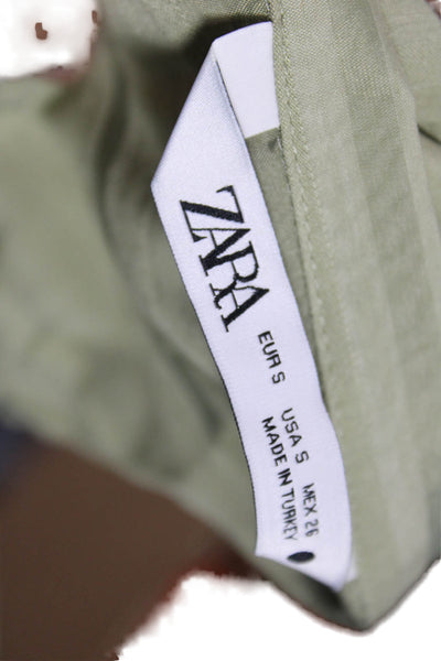 Zara Women Striped Collared Long Sleeve Button-Up Green Size S
