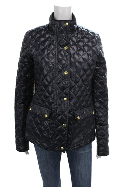 J Crew Womens Quilted Argyle Blue Button Front Polyester Jacket Size XS Tall