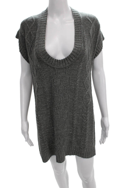 Sandro Women Cable Sweater Dress Gray Cowl Neck Short Sleeve Acrylic Size 2