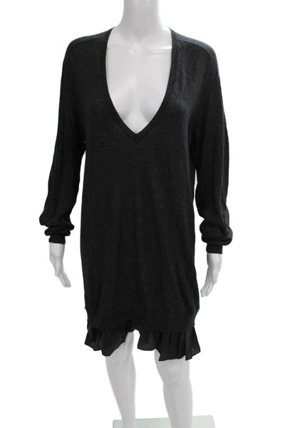 Theory Women Sweater Dress Gray V-Neck Long Sleeve Pullover Size M
