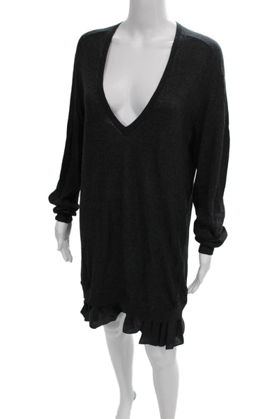 Theory Women Sweater Dress Gray V-Neck Long Sleeve Pullover Size M