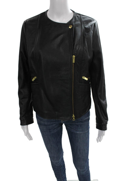 Hogan Womens Black Calf Leather Biker Jacket Zip Long Sleeve Size 44