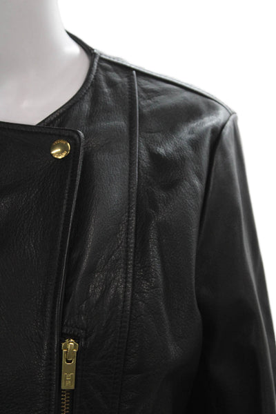 Hogan Womens Black Calf Leather Biker Jacket Zip Long Sleeve Size 44