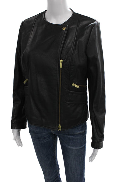 Hogan Womens Black Calf Leather Biker Jacket Zip Long Sleeve Size 44