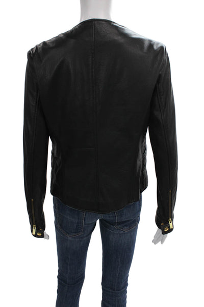 Hogan Womens Black Calf Leather Biker Jacket Zip Long Sleeve Size 44
