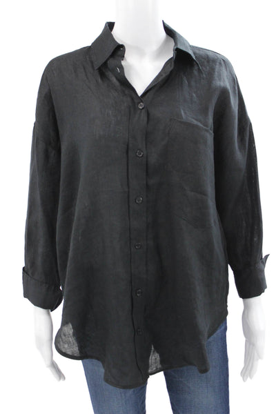 Zara Women Button Down Linen Blend Collared Long Sleeve Black Size XS