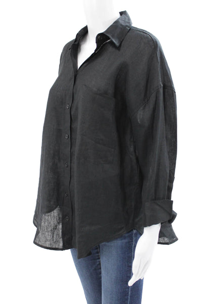 Zara Women Button Down Linen Blend Collared Long Sleeve Black Size XS