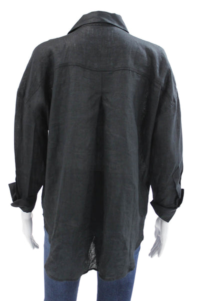 Zara Women Button Down Linen Blend Collared Long Sleeve Black Size XS