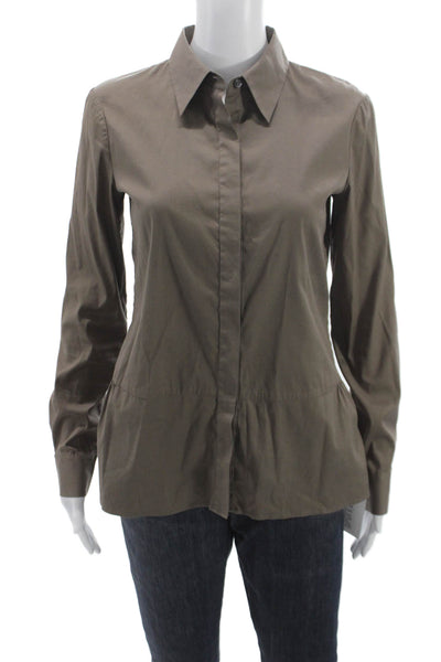 Theory Womens Brown Cotton Collared Button-Up Basic Long Sleeve Petite Size S