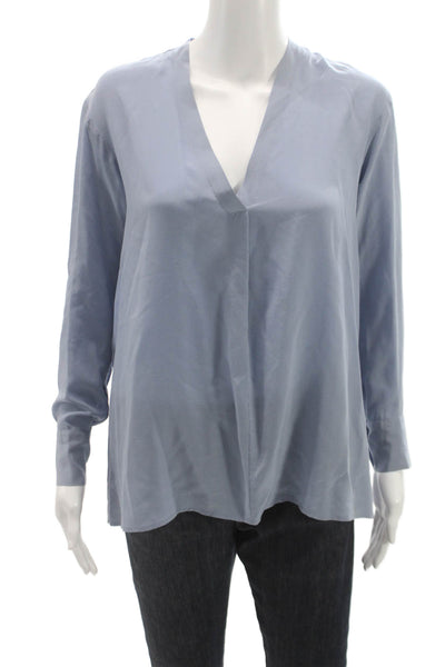 Gerard Darel Women Silk V-Neck Long Sleeve Basic Blouse Blue Size 36