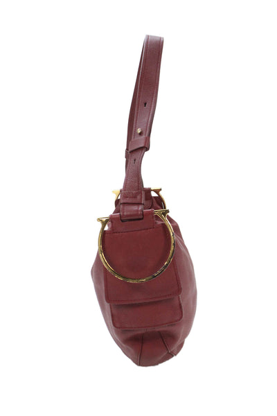 Salvatore Ferragamo Womens Leather Zipper Closure Gold Tone Shoulder Handbag Red