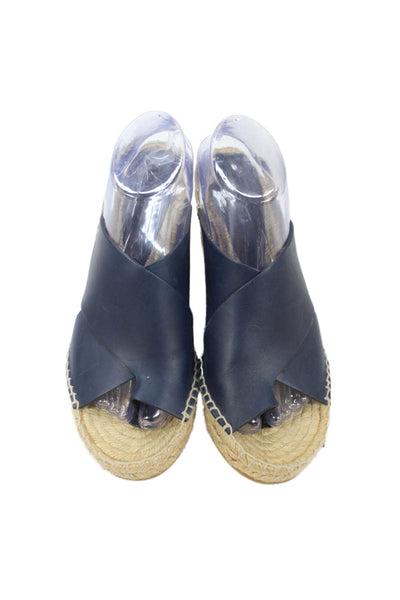 Vince Womens Leather Cross Strap Espadrille Wedges Navy Blue Size 9 Medium