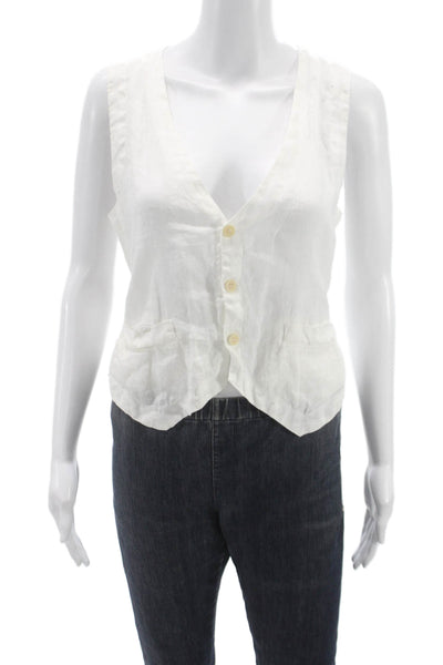 Shirt Unisex Adults Linen V-Neck Sleeveless Blouse Button Front White Size XS