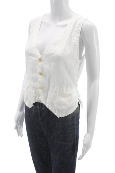 Shirt Unisex Adults Linen V-Neck Sleeveless Blouse Button Front White Size XS