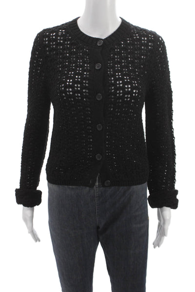 Naadam Women Cardigan Black Pima Cotton Geometric Round Neck Long Sleeve Size S