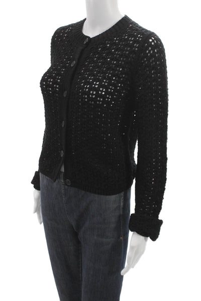 Naadam Women Cardigan Black Pima Cotton Geometric Round Neck Long Sleeve Size S