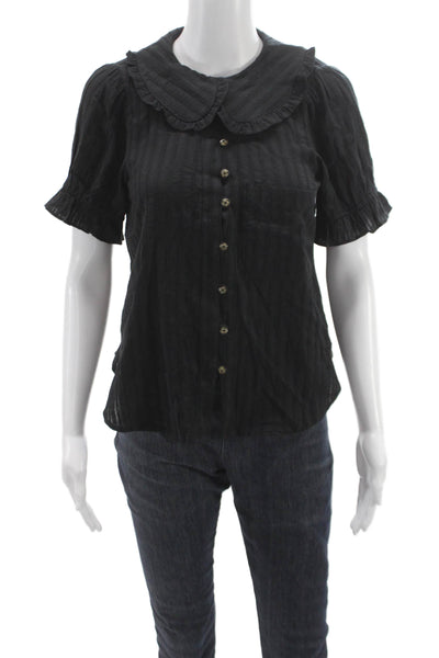 Pilcro Anthropologie Womens Striped Black Cotton Short Sleeve Blouse Size S