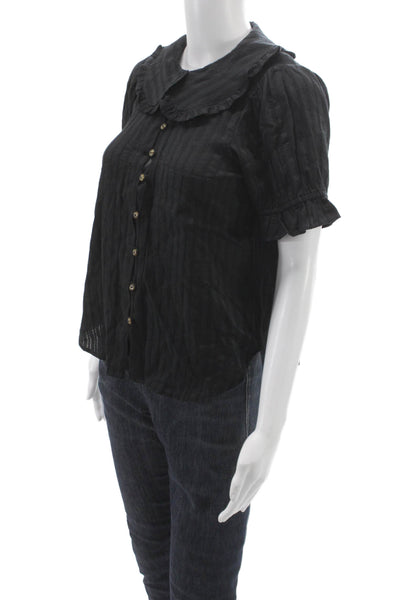 Pilcro Anthropologie Womens Striped Black Cotton Short Sleeve Blouse Size S