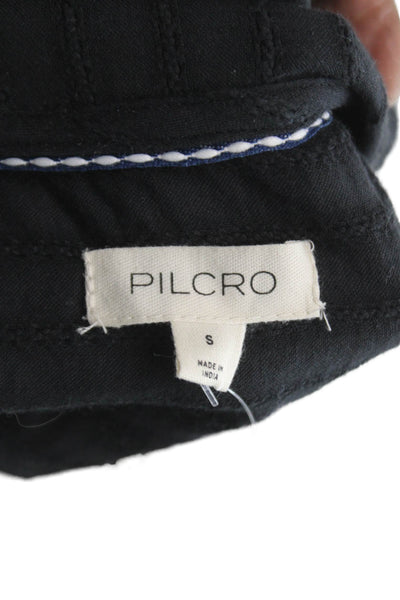 Pilcro Anthropologie Womens Striped Black Cotton Short Sleeve Blouse Size S