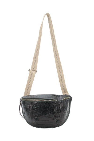 Bellerose Womens Adjustable Strap Croc Embossed Leather Belt Bag Handbag Black