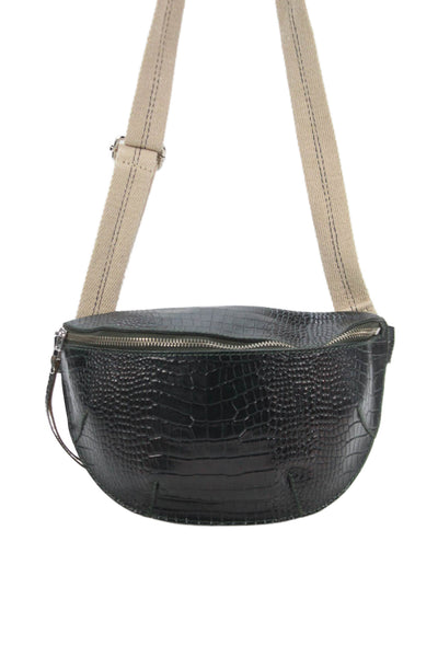 Bellerose Womens Adjustable Strap Croc Embossed Leather Belt Bag Handbag Black