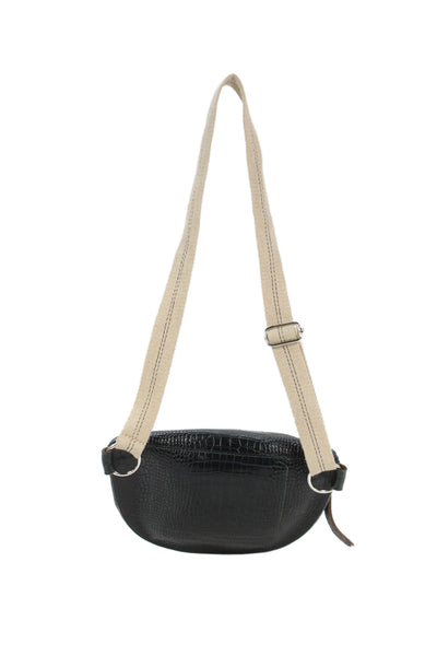 Bellerose Womens Adjustable Strap Croc Embossed Leather Belt Bag Handbag Black