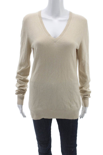 Liu JO Womens Cashmere V-Neck Long Sleeve Pullover Sweater Beige Size L