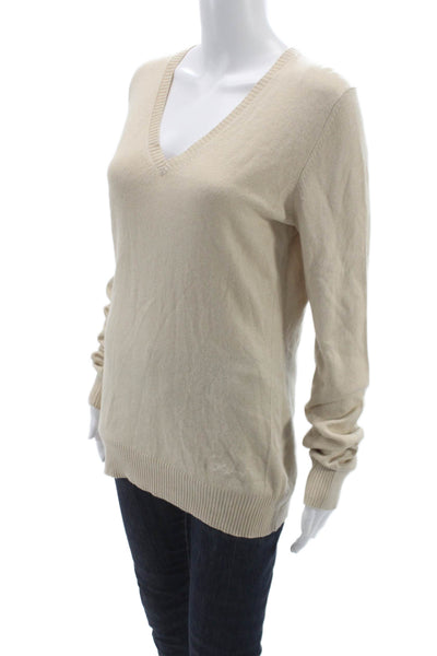 Liu JO Womens Cashmere V-Neck Long Sleeve Pullover Sweater Beige Size L