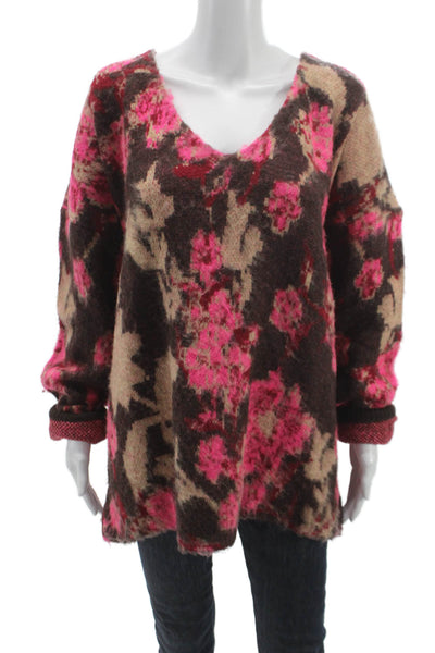 Free People Womens Floral V-Neck Pullover Sweater Multicolor Long Sleeve Size S
