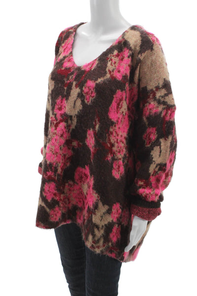 Free People Womens Floral V-Neck Pullover Sweater Multicolor Long Sleeve Size S