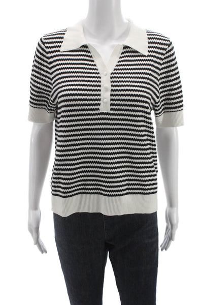 Adrianna Papell Unisex Black Striped Collared Short Sleeve Polo Shirt Size L