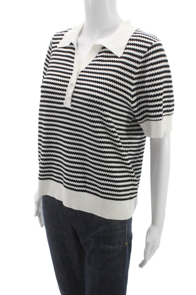 Adrianna Papell Unisex Black Striped Collared Short Sleeve Polo Shirt Size L