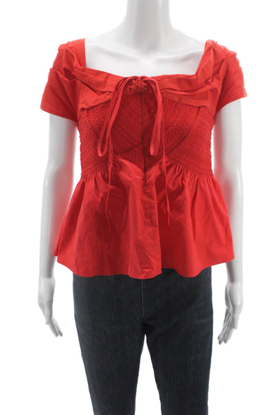 Tanya Taylor Womens Peplum Blouse Red Square Neck Sleeveless Cotton Size 8