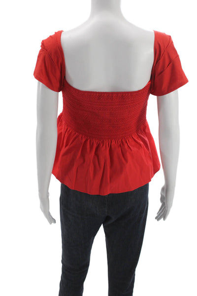 Tanya Taylor Womens Peplum Blouse Red Square Neck Sleeveless Cotton Size 8