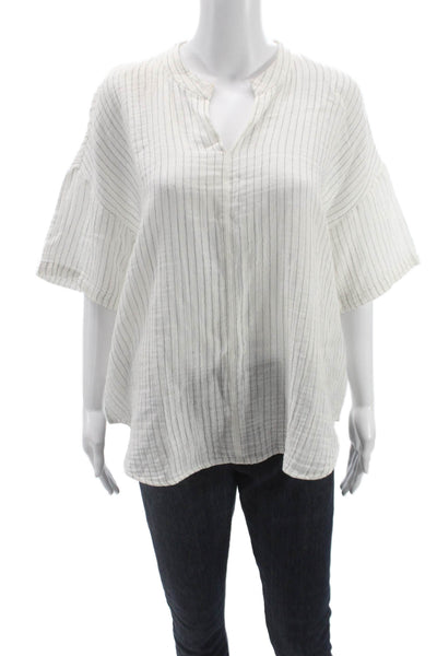 Eileen Fisher Women White V-Neck Short Sleeve Organic Cotton Blouse Size L