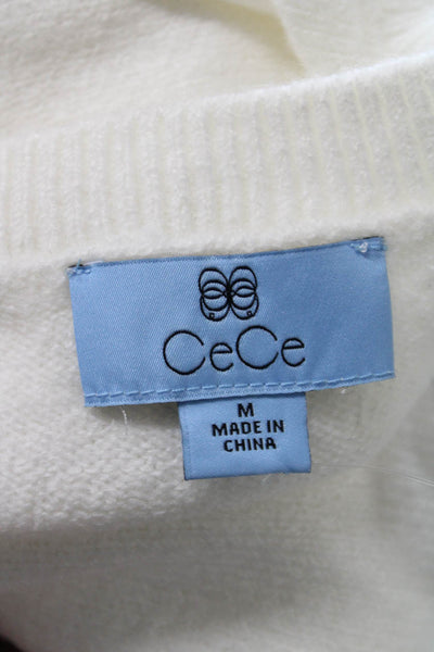CeCe Womens White Geometric Hearts Pullover Sweater Crew Neck Size M